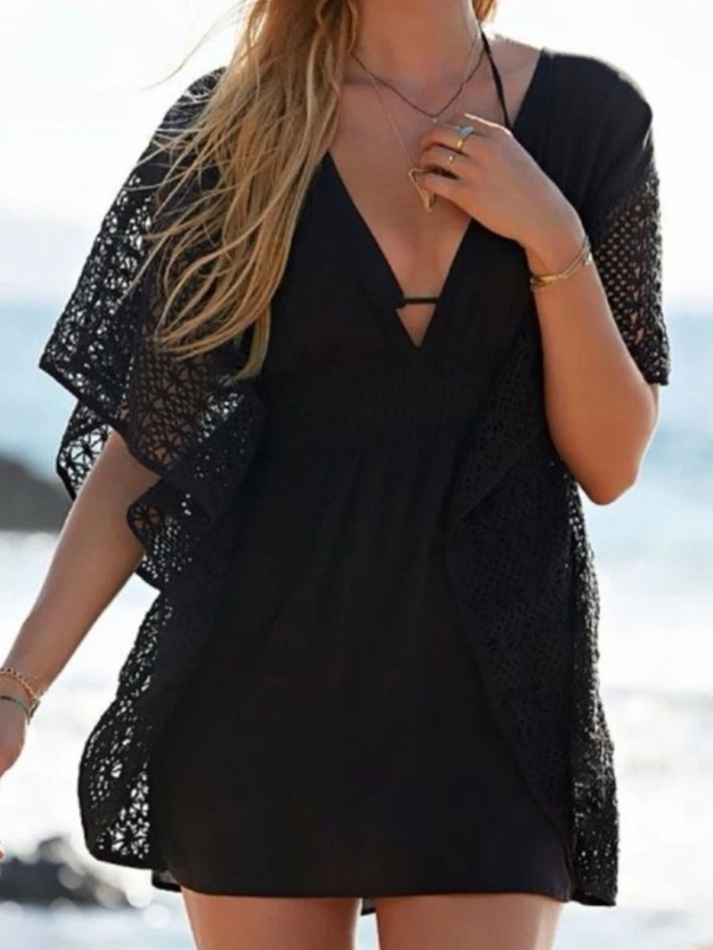 Victoria's Secret Black Crochet-Sleeve V-Back Swim Coverup Tunic